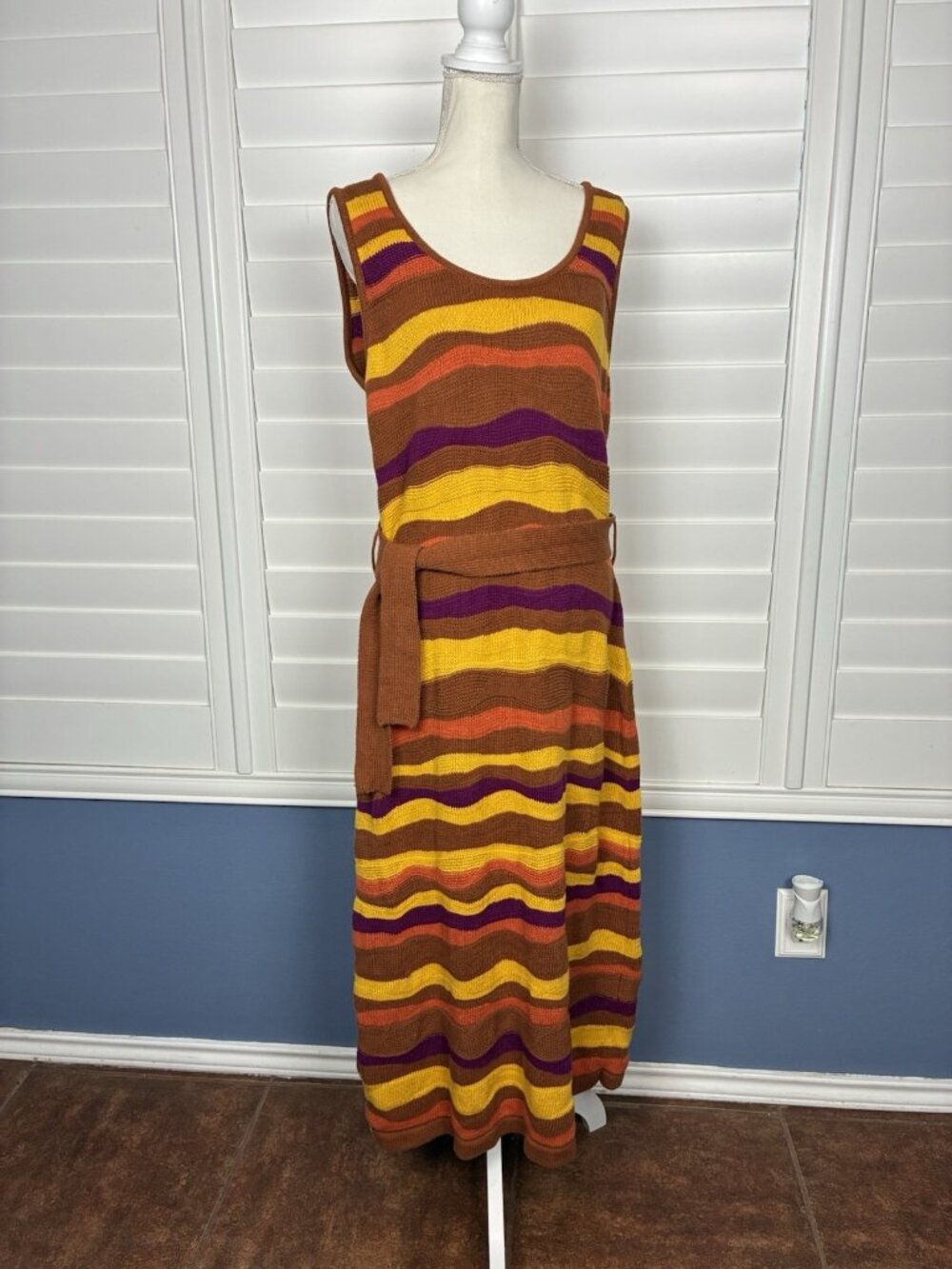 Worthington Women’s XL Brown Striped Belted Sleeveless Knit Midi Sweater Dress